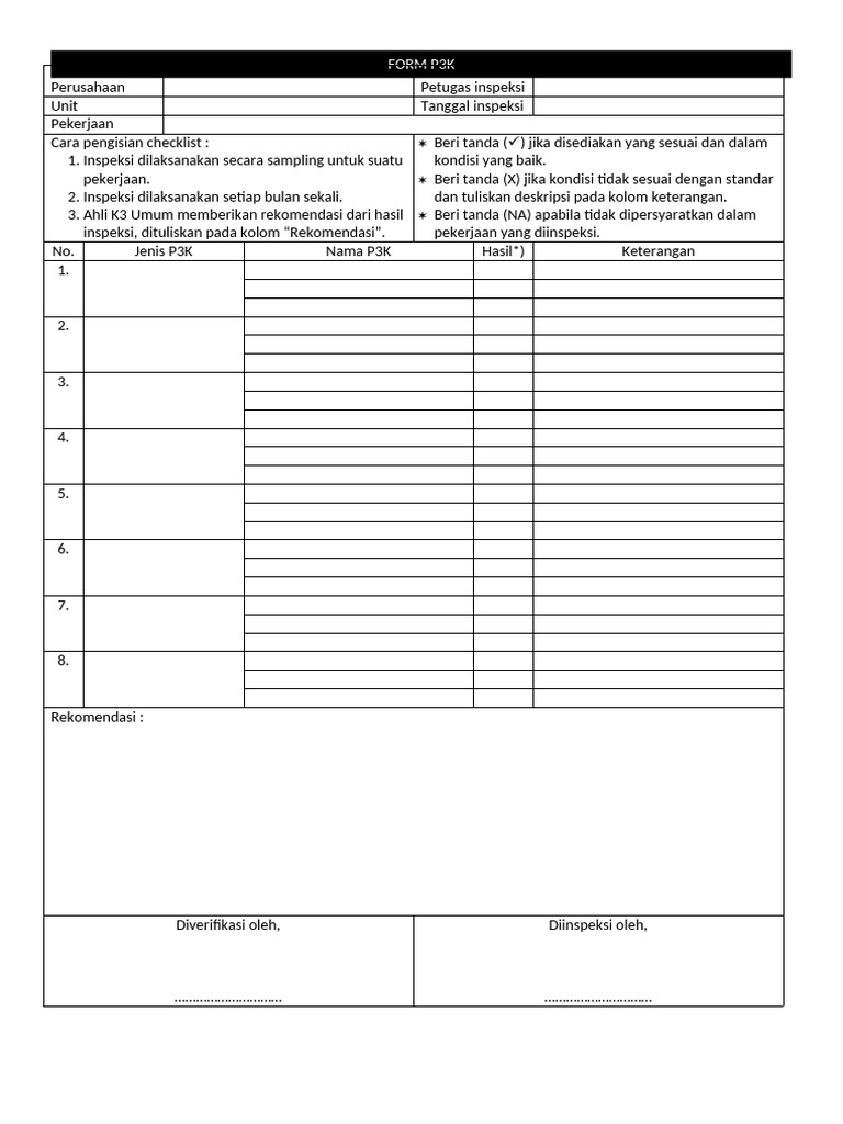 Checklist Inspeksi P3K Bulanan | PDF