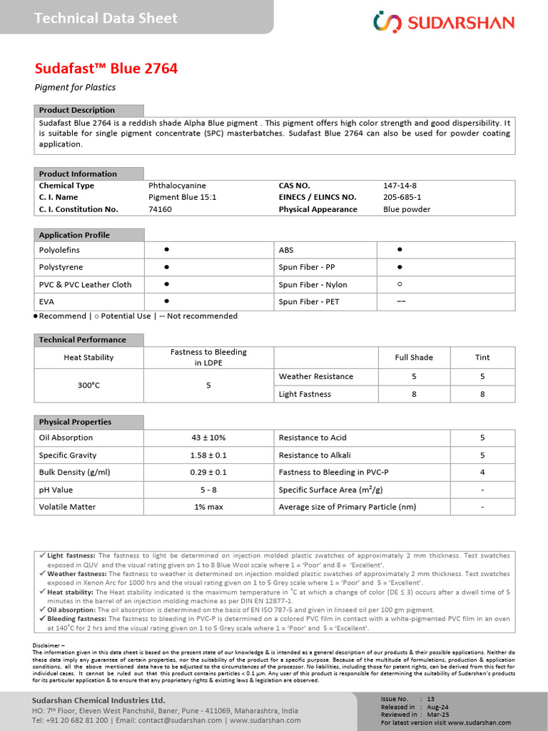 Sudafast Blue 2764 Technical Data Sheet | PDF | Plastic | Pigment