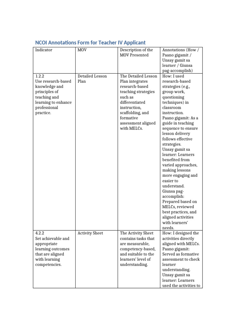NCOI Teacher IV Annotation Form | PDF | Learning | Educational Assessment
