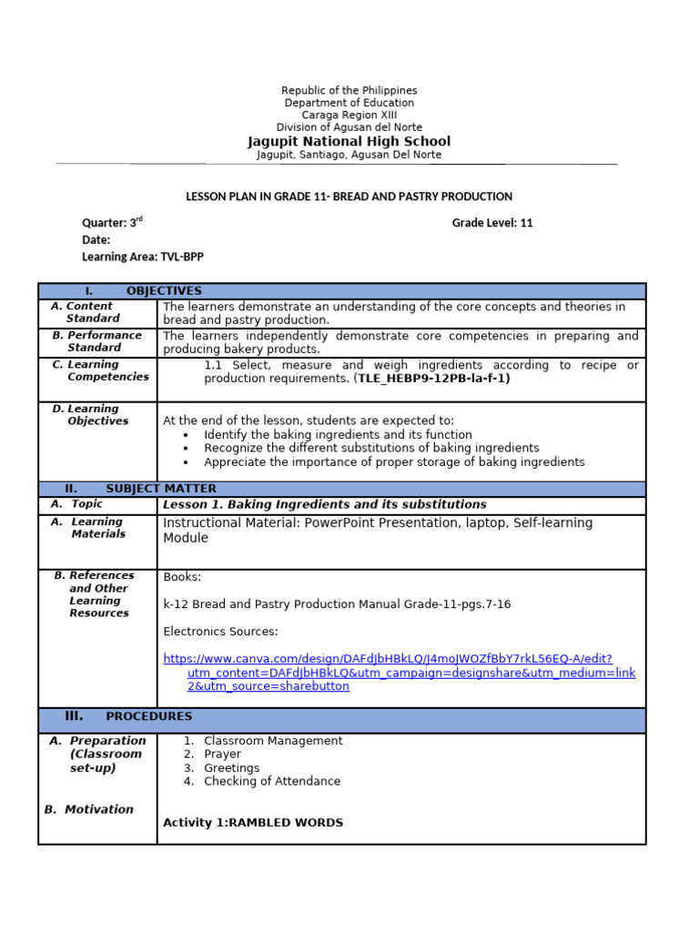 Grade 11 Bread and Pastry Lesson Plan | PDF | Cakes | Baking Powder