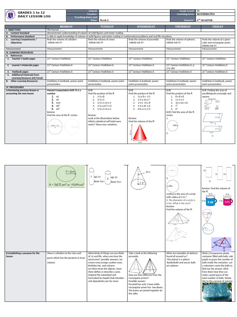 Volume Calculation for Grade VI Math | PDF | Volume | Area
