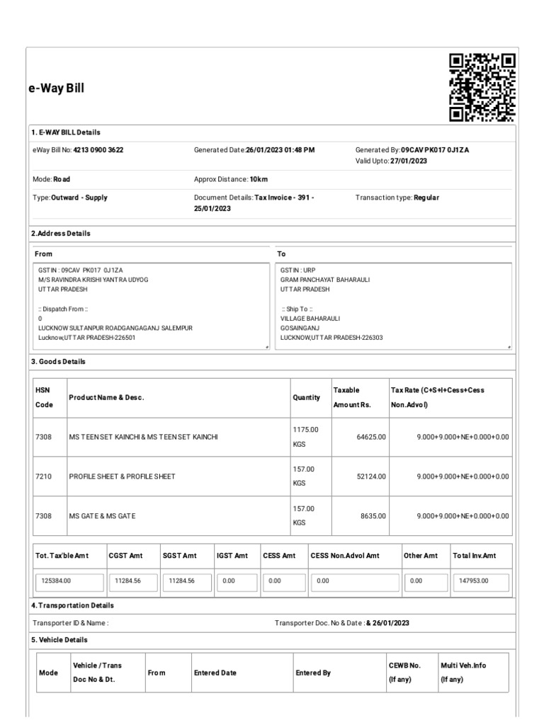 E-Way Bill Details and Transportation Info | PDF | Public ...