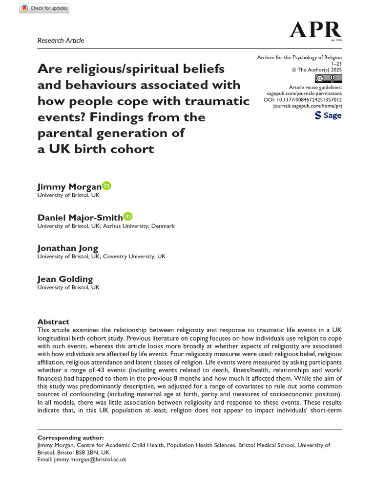 Morgan Et Al 2025 Are Religious Spiritual Beliefs and Behaviours ...