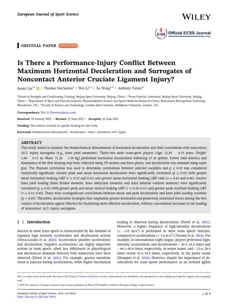 Deceleration and ACL Injury Risk in Sports | PDF | Knee | Force