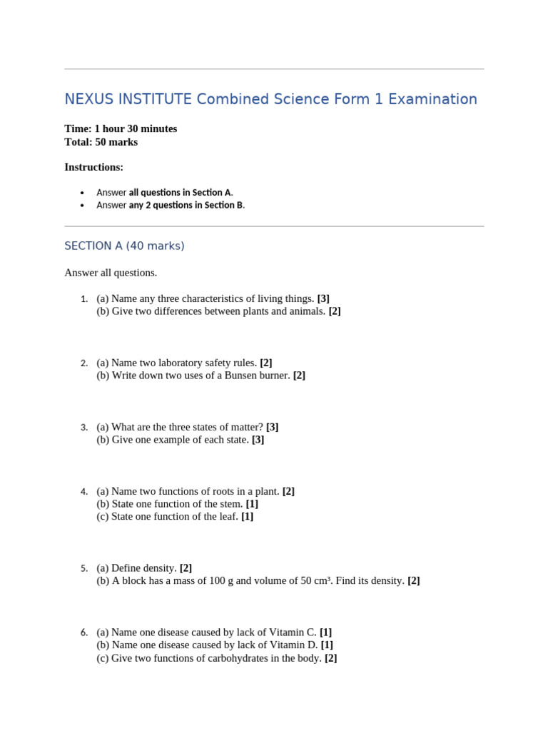 Combined Science Form 1 Exam Guide | PDF