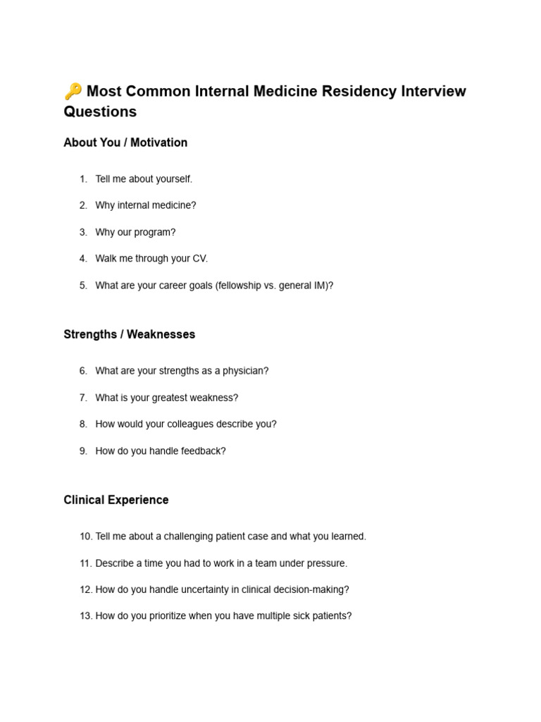 Top Internal Medicine Residency Interview Questions | PDF