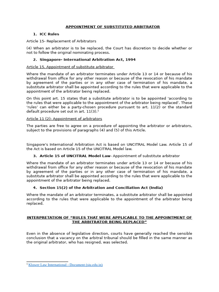 Research Note On - Appointment of Substitute Arbitrator | PDF ...