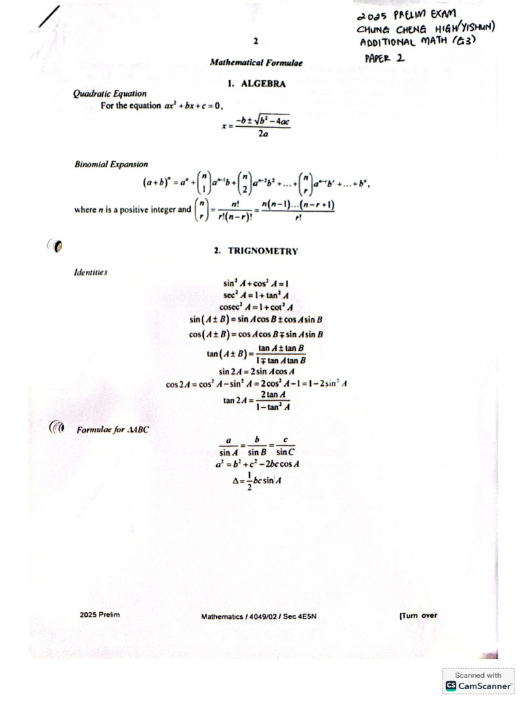 2025 Prelim Mathematics Exam Paper | PDF | Equations | Numbers