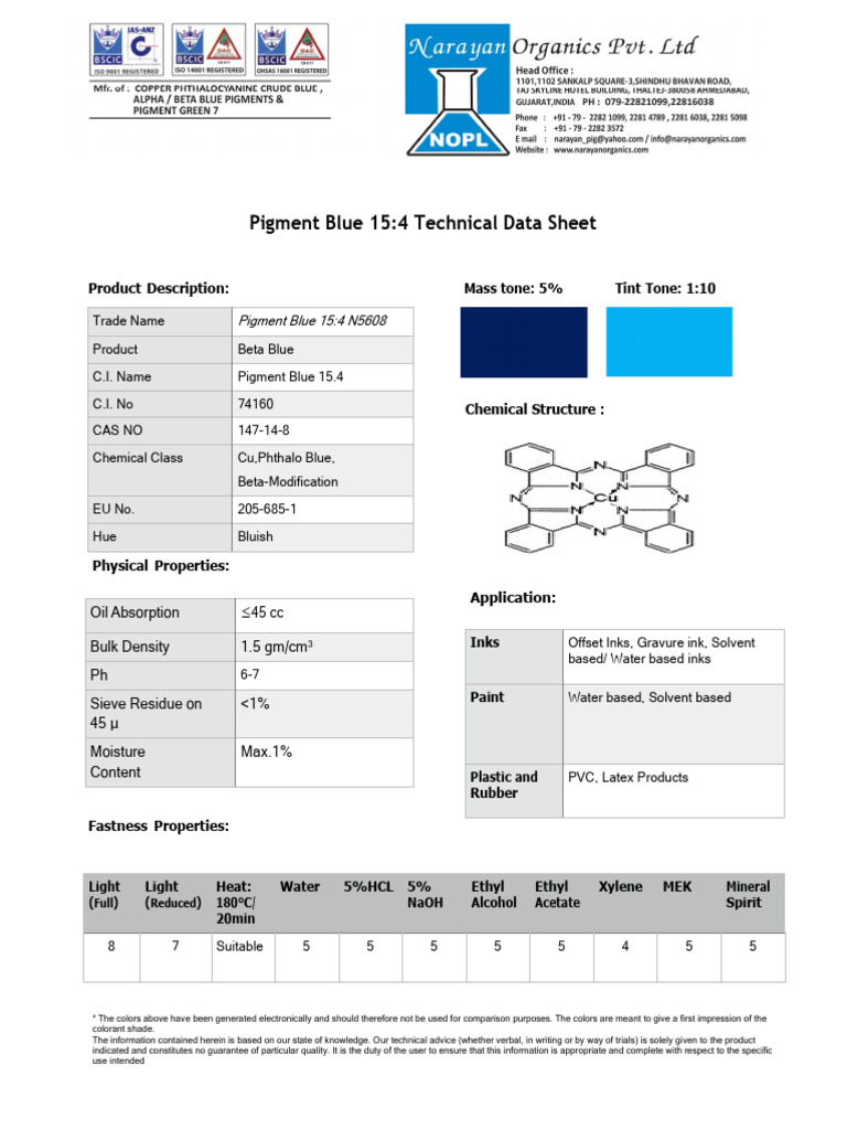 Pigment Blue 15:4 Technical Data Sheet | PDF | Materials | Color