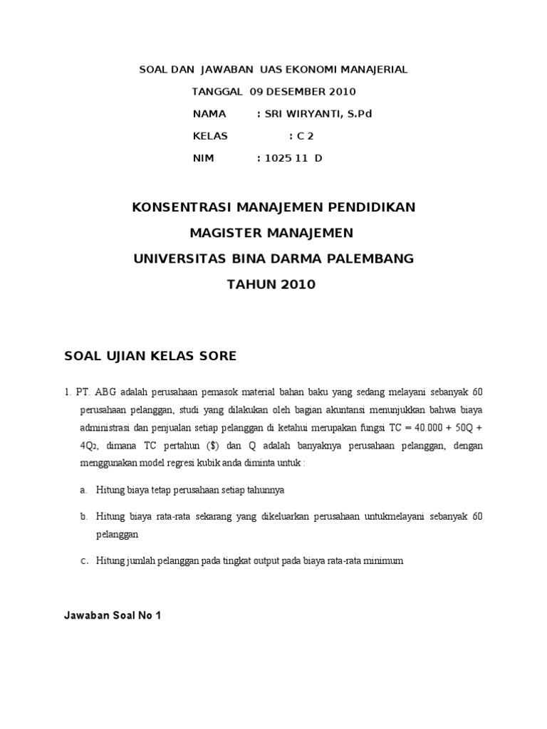 Soal Uas Ekonomi Manajerial Latihan Online