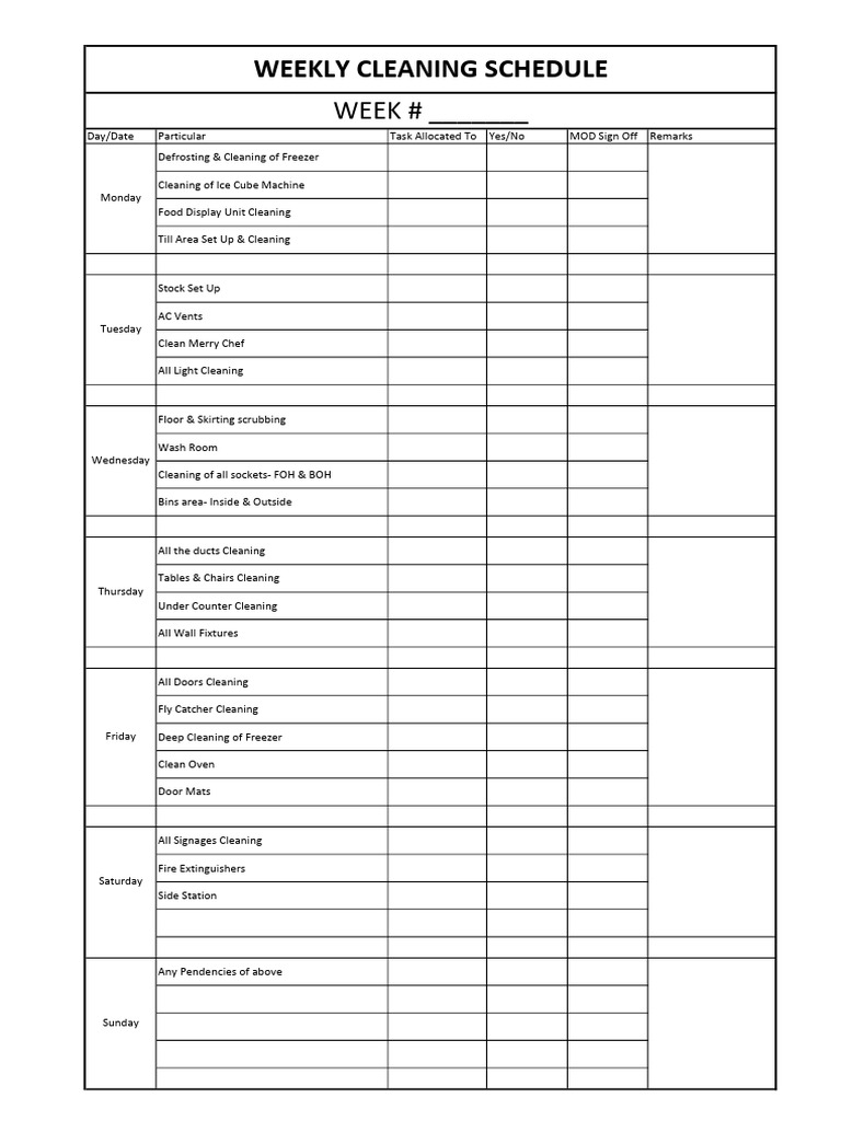 Weekly Cleaning Schedule Template | PDF