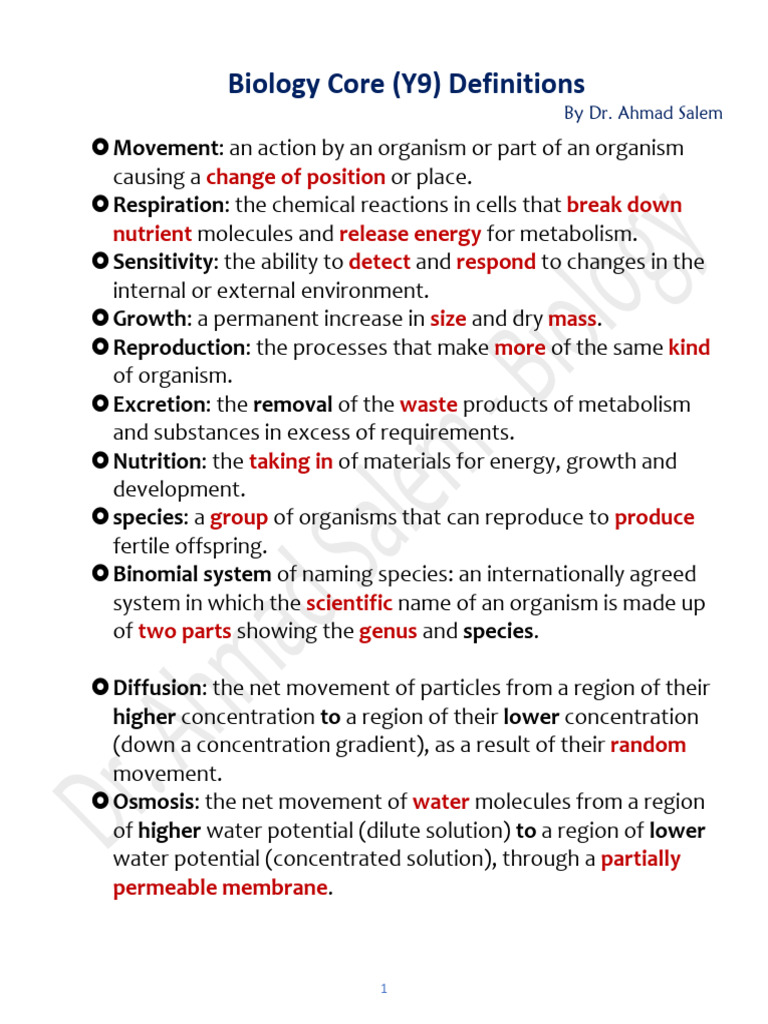 Biology Core Definitions for Y9 Students | PDF | Allele | Genetics