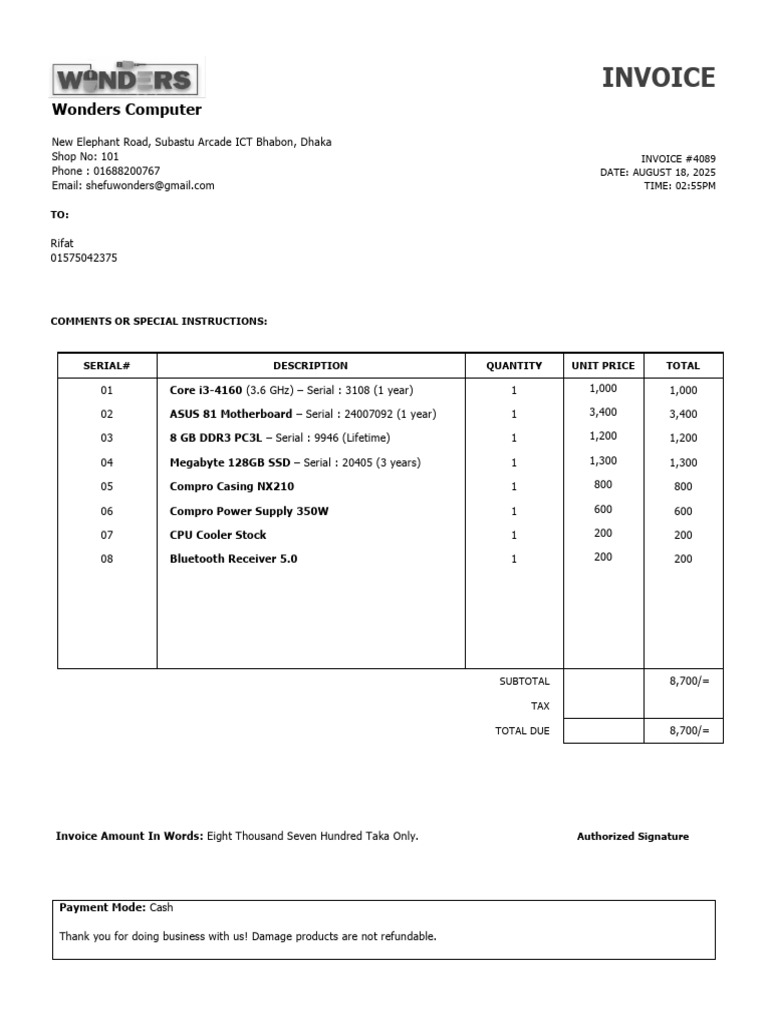 Invoice #4089 for Computer Parts Sale | PDF