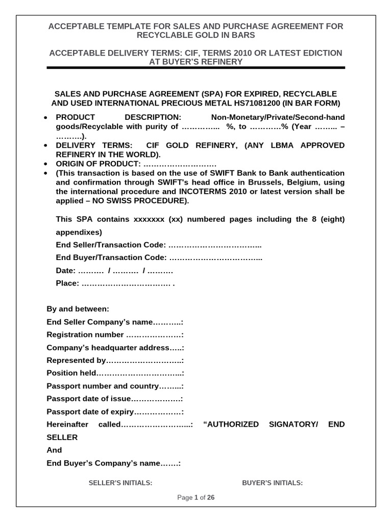 Sales Agreement Template for Recyclable Gold | PDF | Repurchase ...