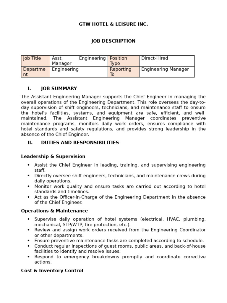 JD - Asst Engineering Manager | PDF | Regulatory Compliance