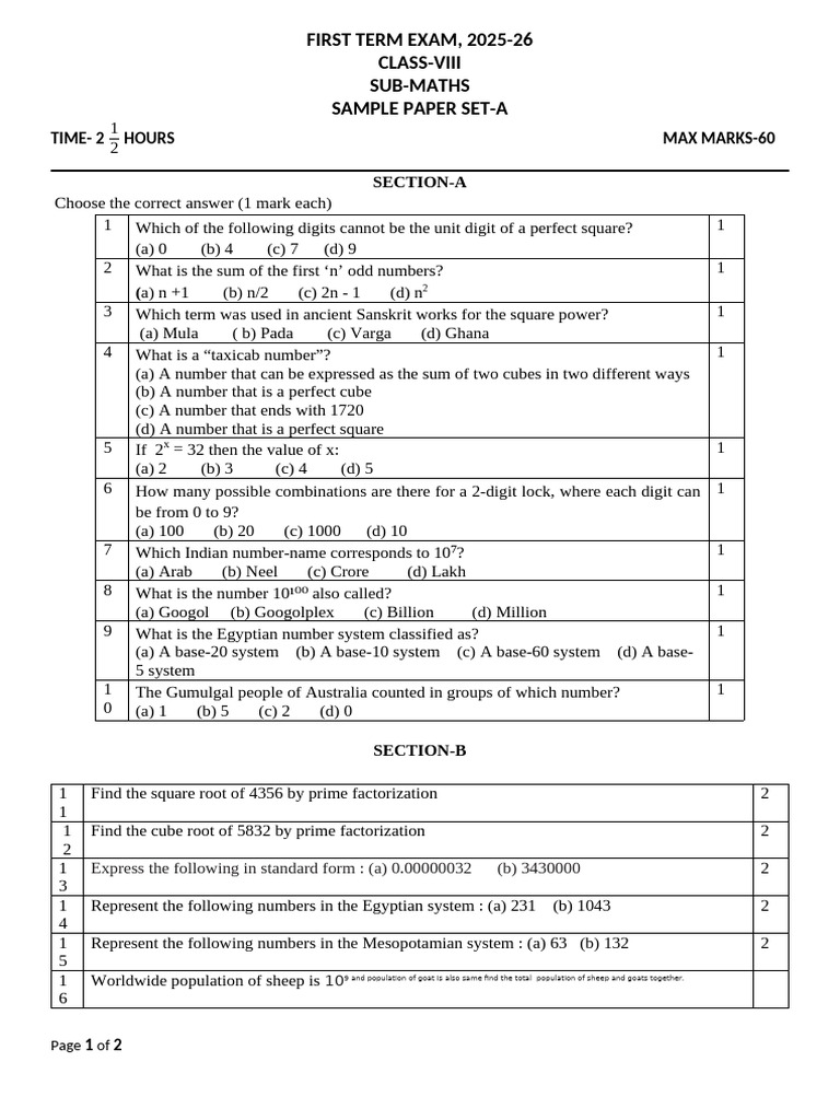 Viii Maths Term-1 Sample Paper Set A | PDF | Numbers | Arithmetic