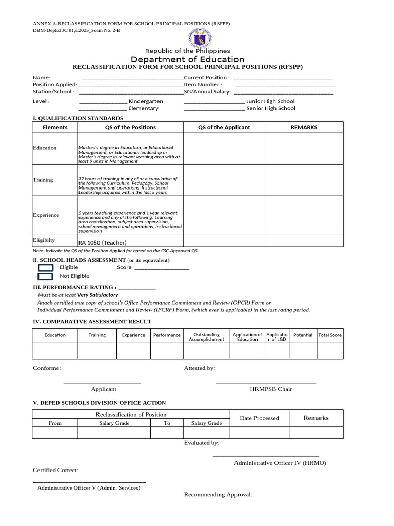 Reclassification Form for School Principals | PDF | Educational ...