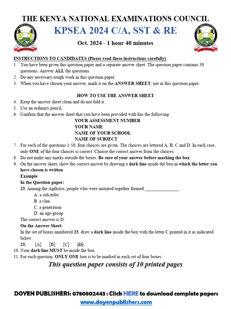 KPSEA 2024 Grade 6 Exam Instructions | PDF