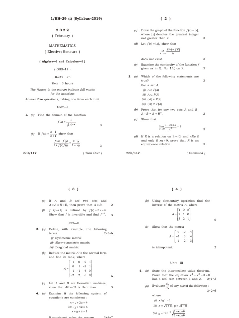 MAthamtics (Algebra-I and Calculus-I) Syllabus-2019 1st Sem | PDF ...