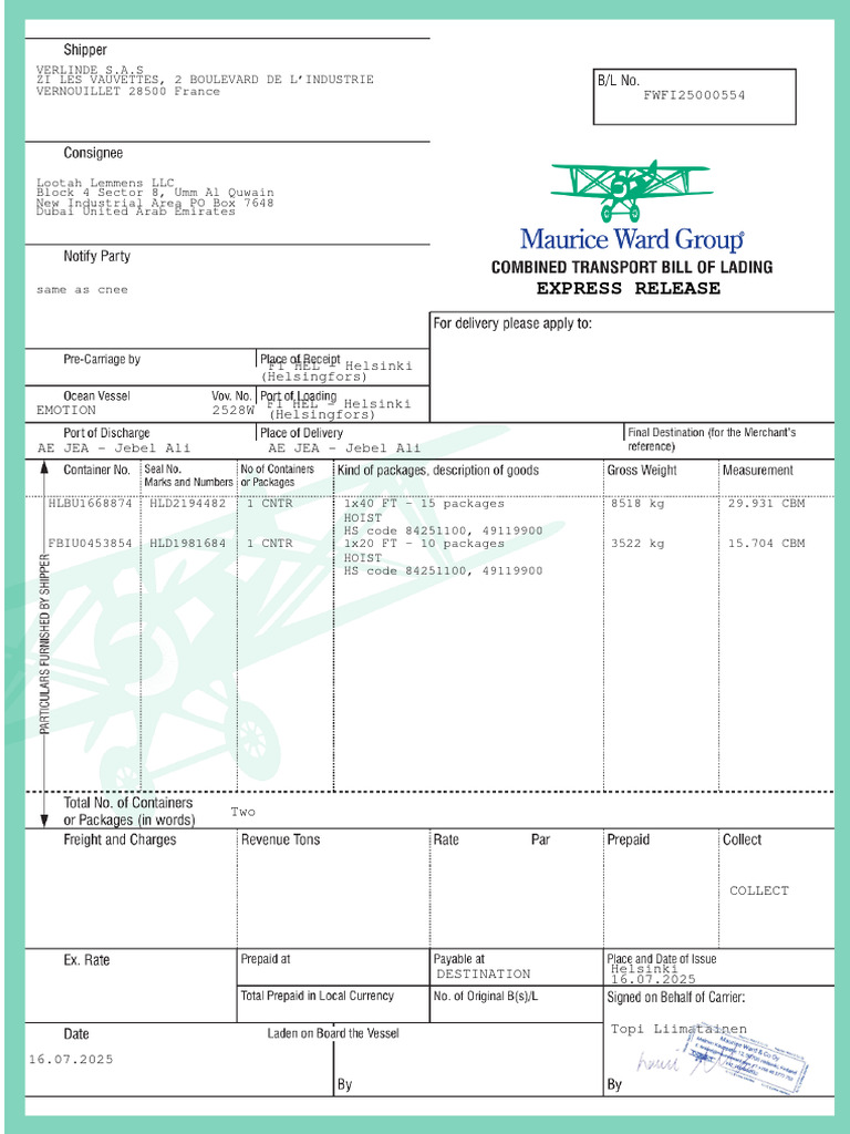 Final HBL Fwfi25000554 | PDF