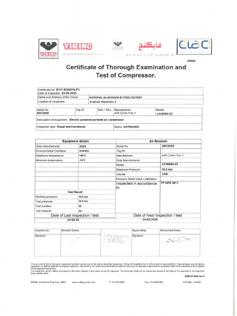 Air Compressor Machine 3rd Party Certificate | PDF