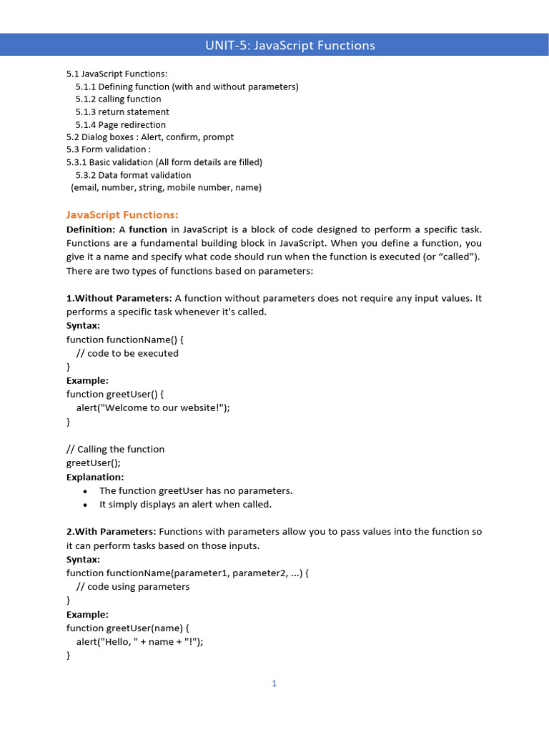 JavaScript Functions and Validation Guide | PDF | Parameter (Computer ...