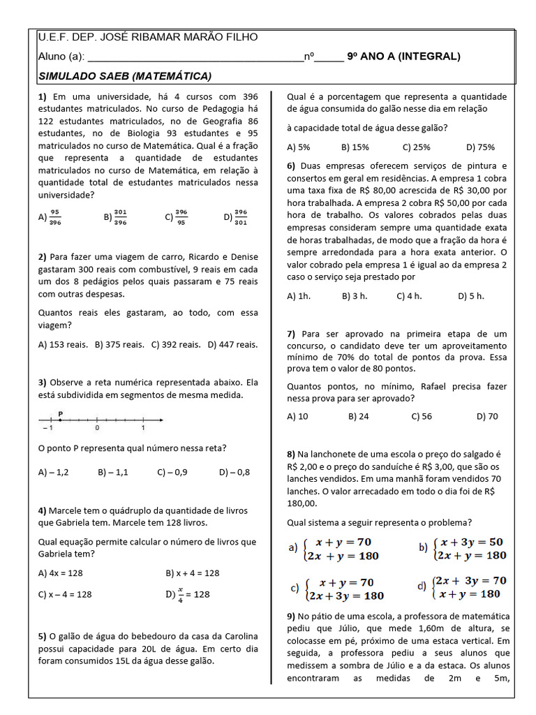 Simulado de Matemática 9º Ano SAEB | PDF | Triângulo | Número real