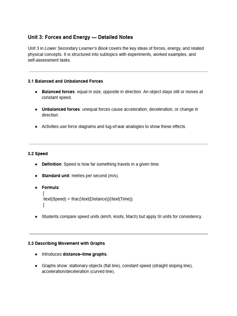 Unit 3 - Forces and Energy - Detailed Notes | PDF | Pressure | Force