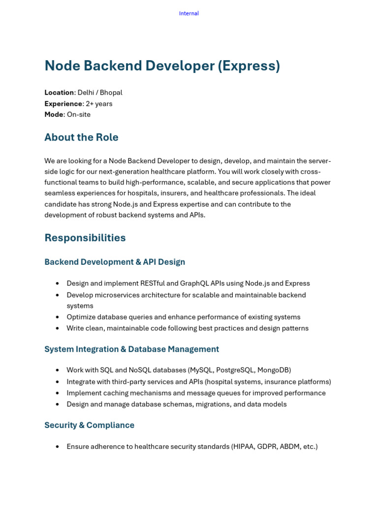 Node Backend Developer for Healthcare | PDF | Databases | No Sql