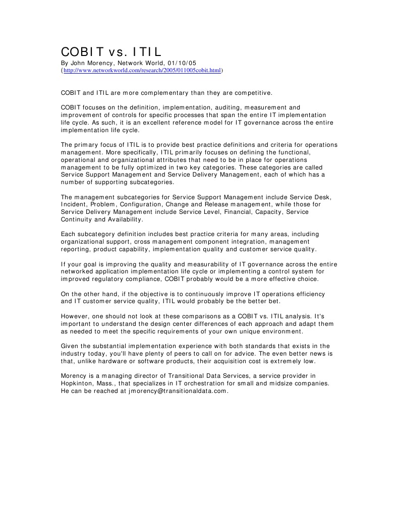 Cobit Vs Itil Pdf Itil Product Lifecycle