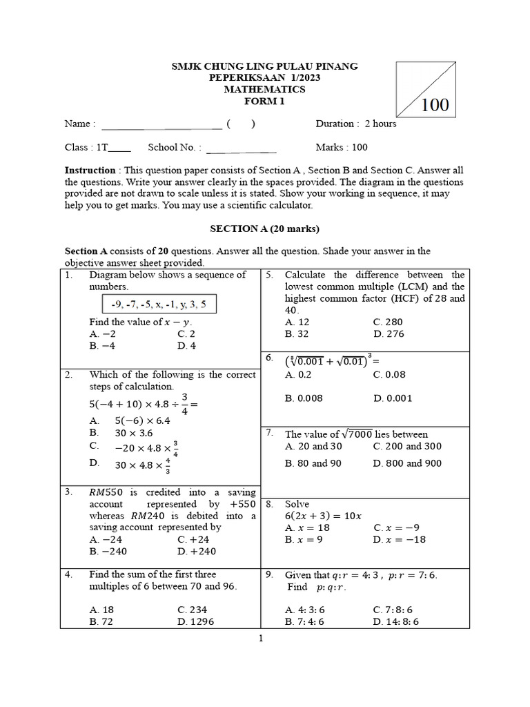 Form 1 Mathematics Exam Paper 2023 | PDF | Equations | Ratio