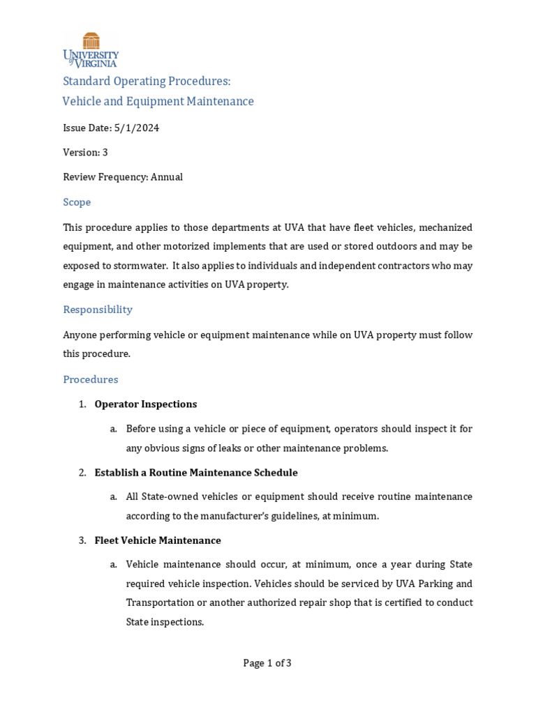 Vehicle and Equipment Maintenance SOP | PDF | Stormwater | Vehicles