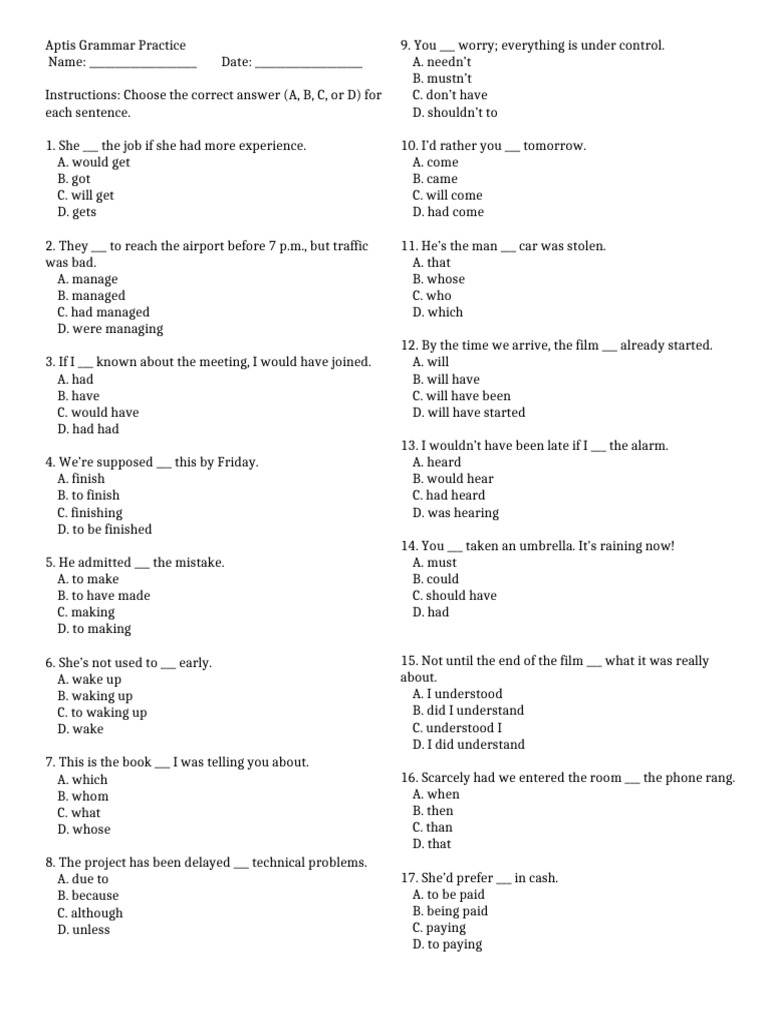 Aptis Grammar Practice Questions | PDF | Chess Theory | Chess