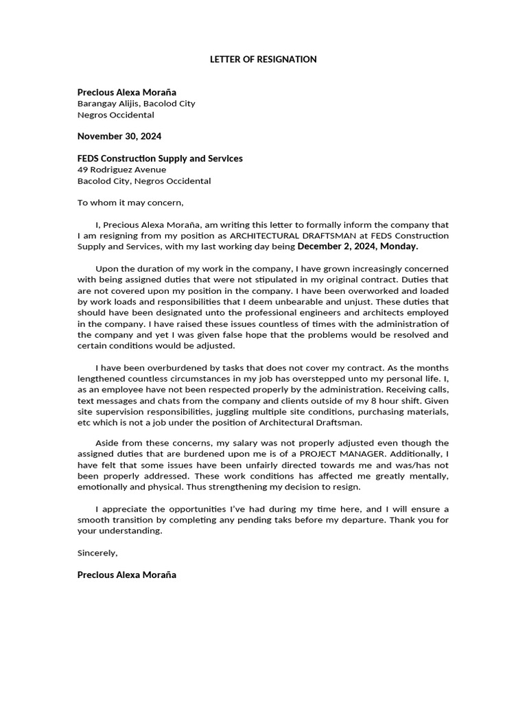 Resignation Letter from Architectural Draftsman | PDF
