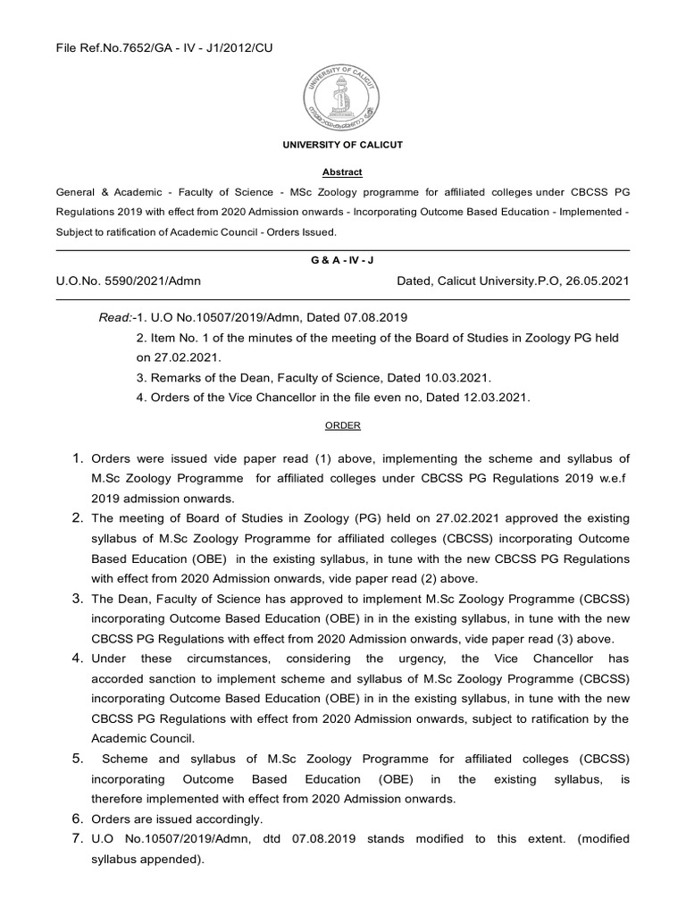 MSc Zoology CBCSS Syllabus 2020 | PDF | Metabolism | Enzyme