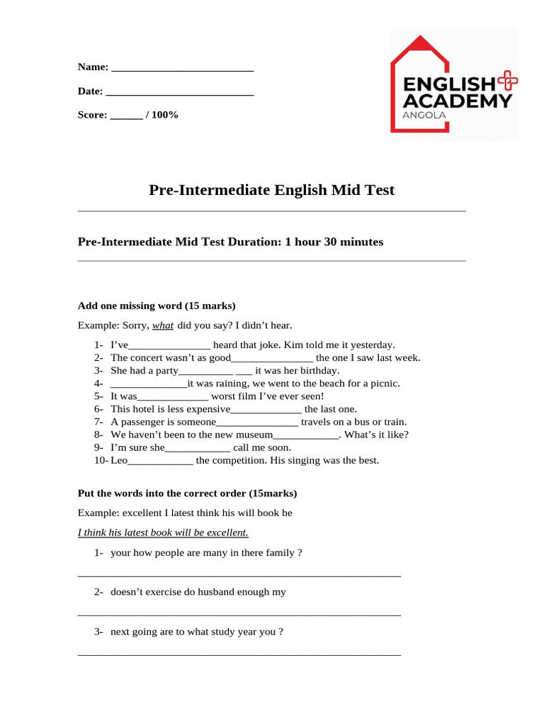 Pre-Intermediate English Mid Test | PDF