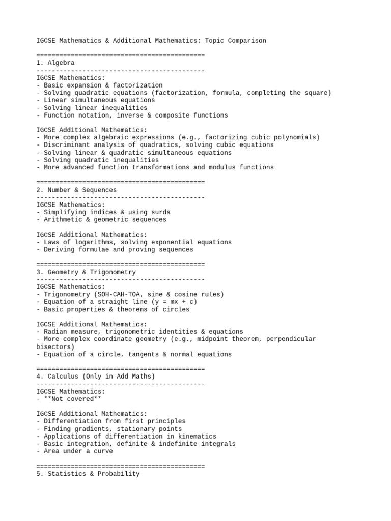 IGCSE Math vs Additional Math Guide | PDF | Equations | Mathematics