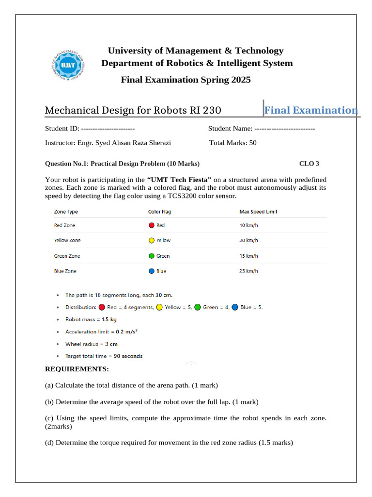 UMT Robotics Exam Spring 2025 | PDF | Classical Mechanics | Motion ...