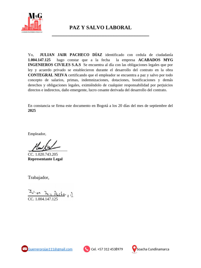 Certificación de Paz y Salvo Laboral | PDF | Daños y perjuicios