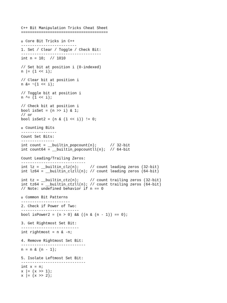 C++ Bit Manipulation Cheat Sheet | PDF | Encodings | Arithmetic