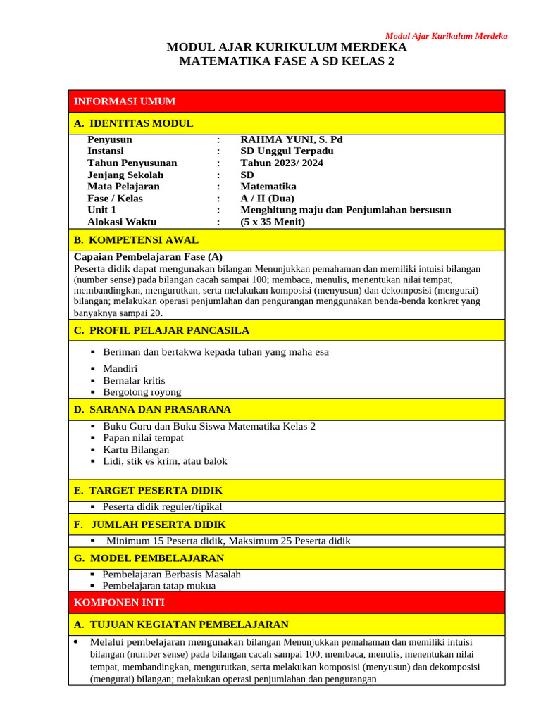 Modul Ajar Matematika Kelas 2 SD | PDF