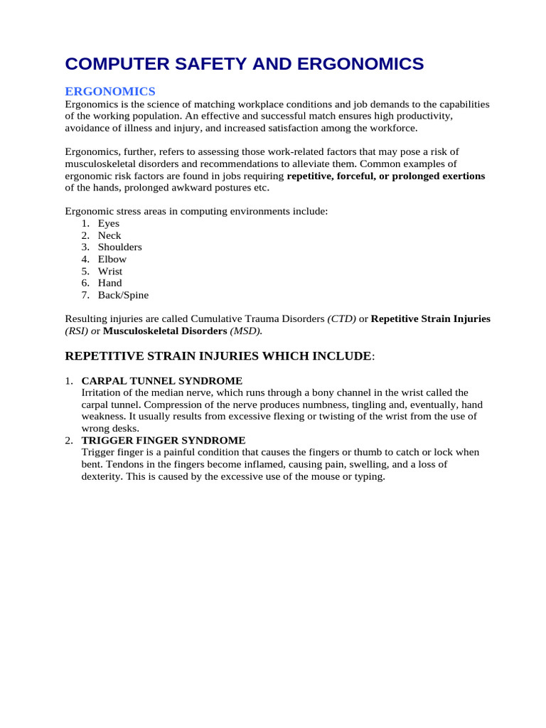 Topic Seven Computer Safety and Ergonomics | PDF