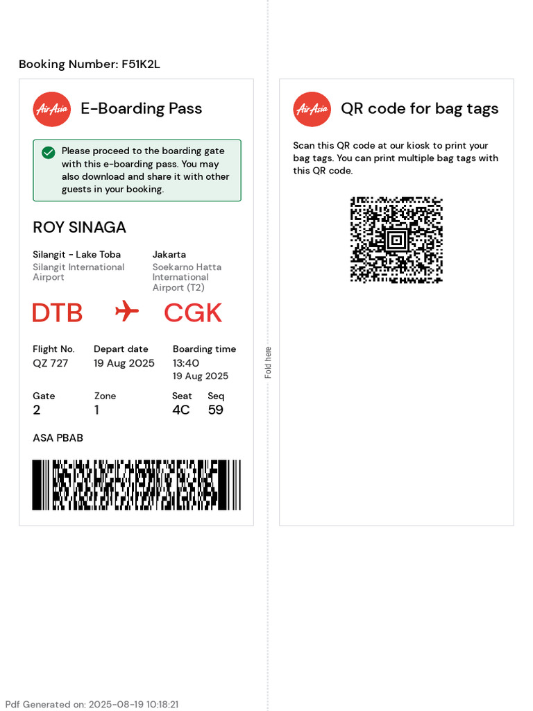 E-Boarding Pass QR Code For Bag Tags: Booking Number: F51K2L | PDF