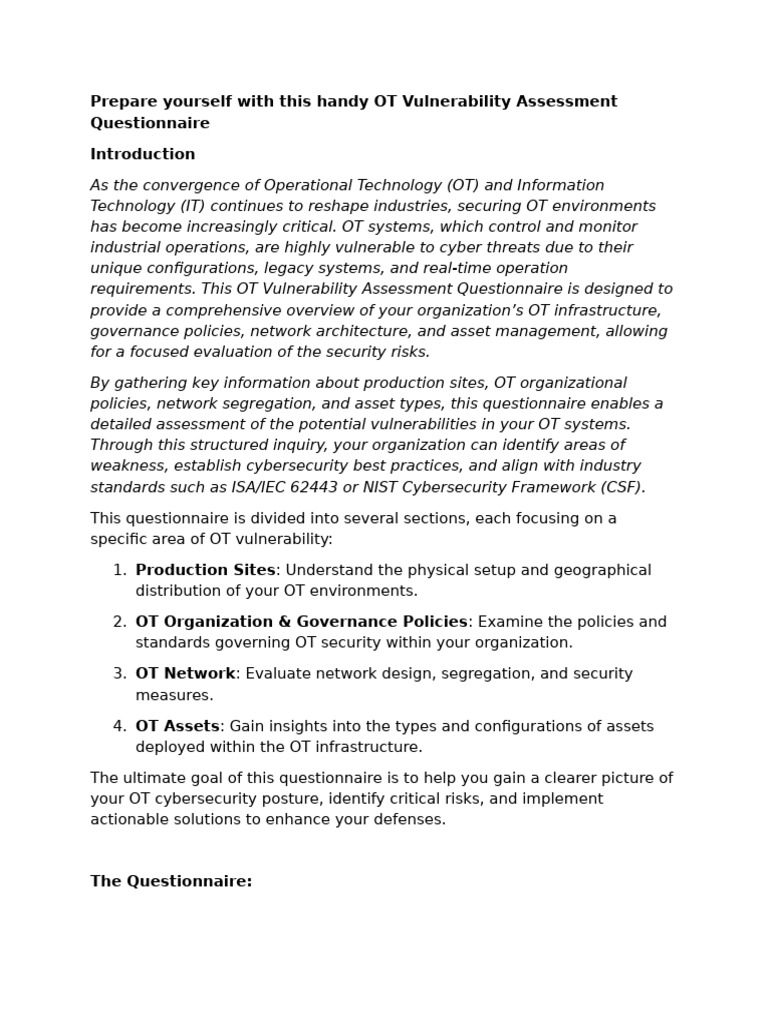 OT Vulnerability Assessment Questionnaire | PDF | Computer Security ...