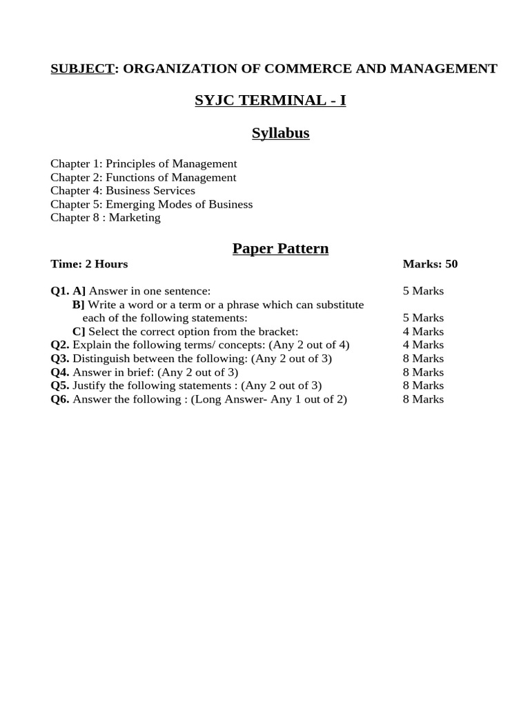 SYJC Term 1 OCM Paper Pattern | PDF