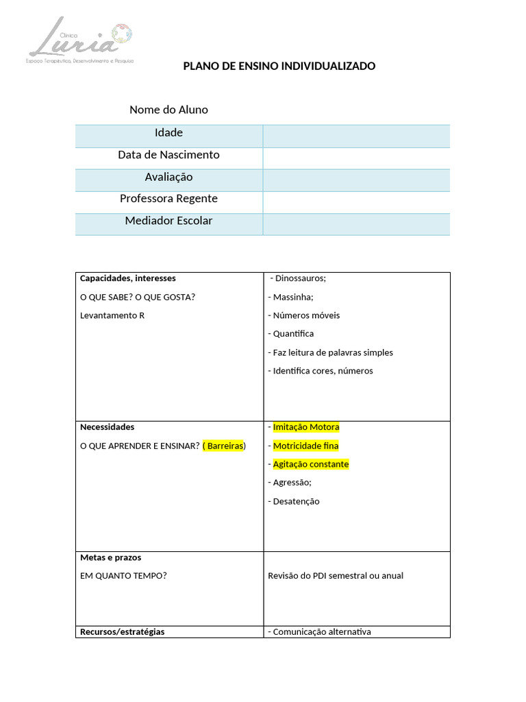 Plano de Ensino Individualizado para Alunos | PDF | Aprendizado ...
