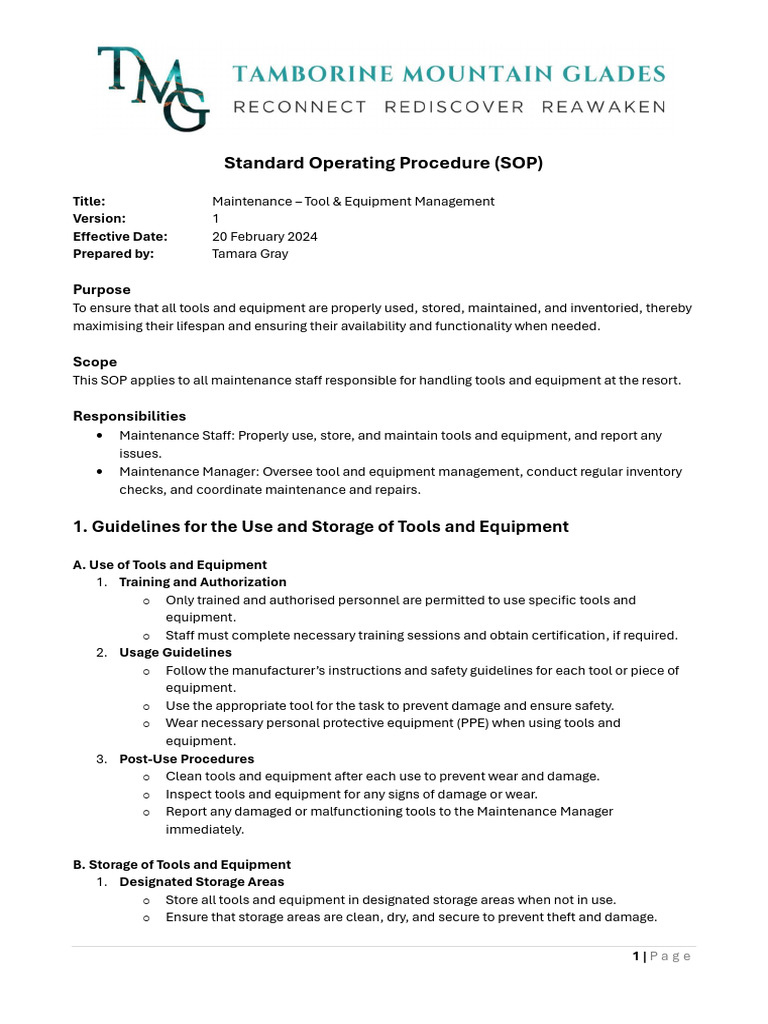 Tool & Equipment Management SOP | PDF