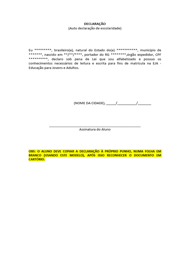 Declaração de Escolaridade EJA | PDF