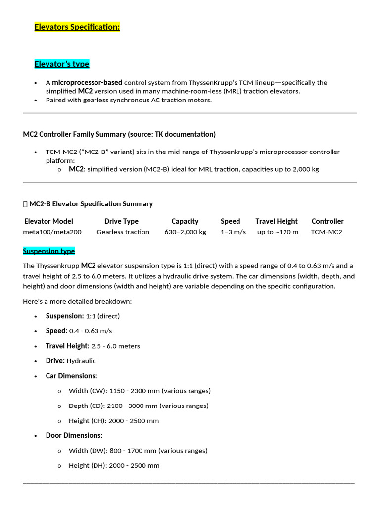 ThyssenKrupp MC2 Elevator Specifications | PDF | Elevator | Power Supply