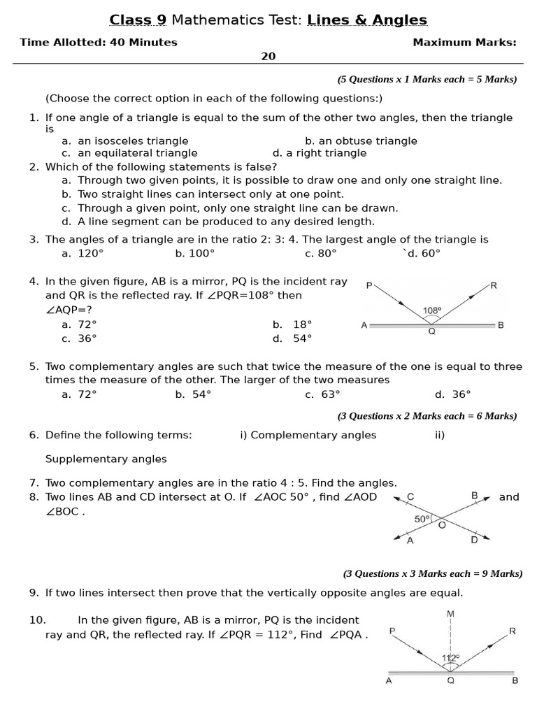 Class 9 Math Test: Lines & Angles | PDF | Triangle | Angle